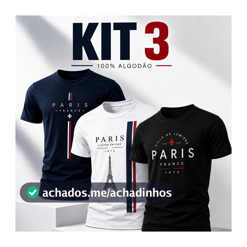 Kit 3 Camisetas Masculinas Estampadas Paris 100% Algodão Manga Curta Casual Premium