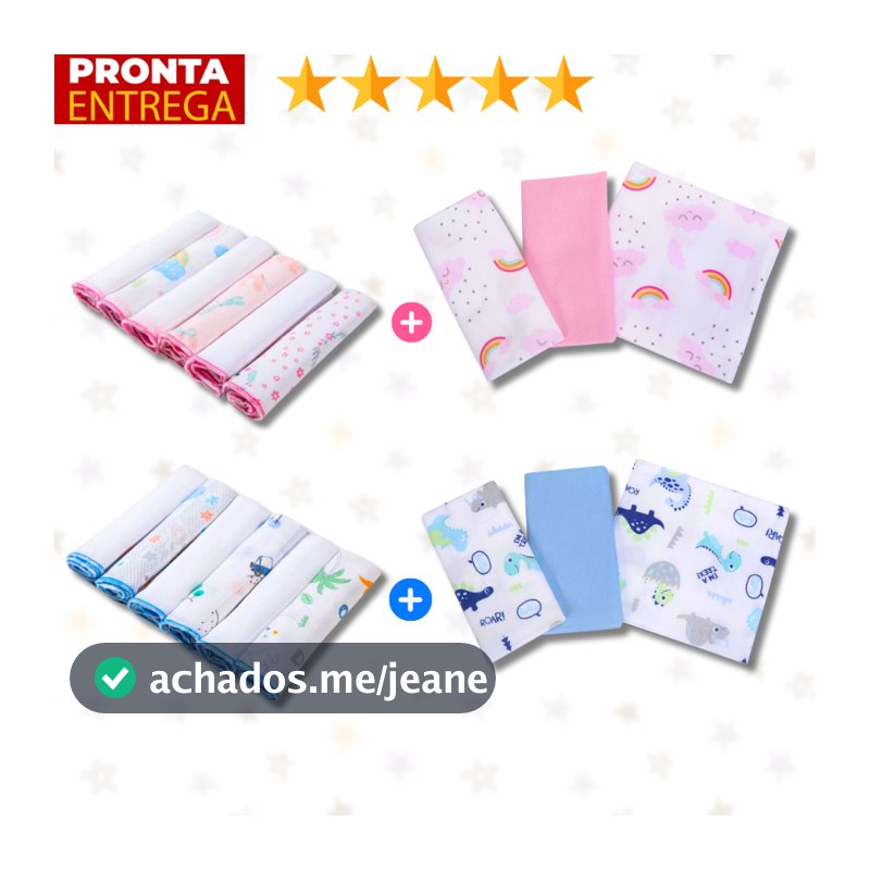 Kit 9 Peças Enxoval Bebe 3 Cueiros 6 Paninhos De Boca Babete 100% Algodão Estampado