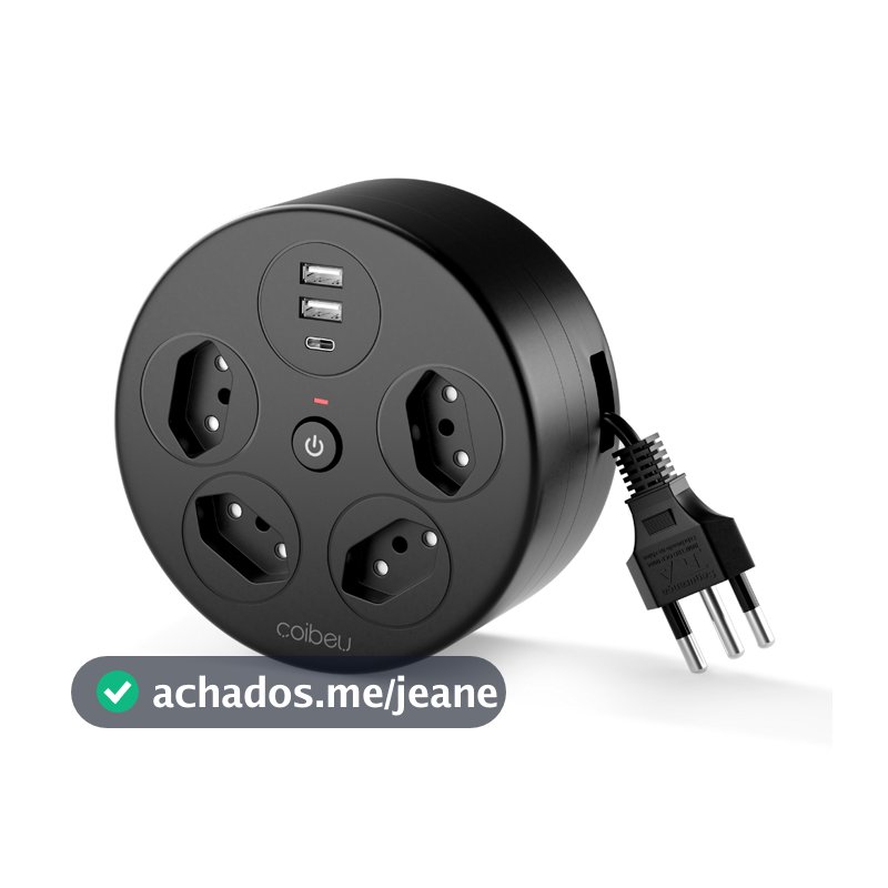 COIBEU Extensão Elétrica com Cabo Retrátil e Portas USB-A/C – 4 Tomadas, 2200W – WK-HY506