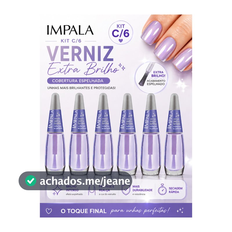 Kit 6 Verniz Extra Brilho Impala Original Cobertura Espelhada Manicure Salão Atacado 7,5ml
