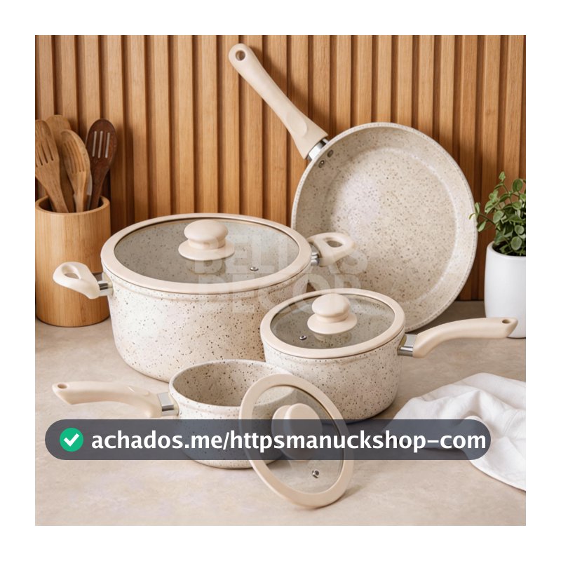 Kit Jogo Panelas 4 Peças Revestimento Cerâmica Marmorizado Creme Antiaderente Premium Tampas Vidro Organização Cozinha