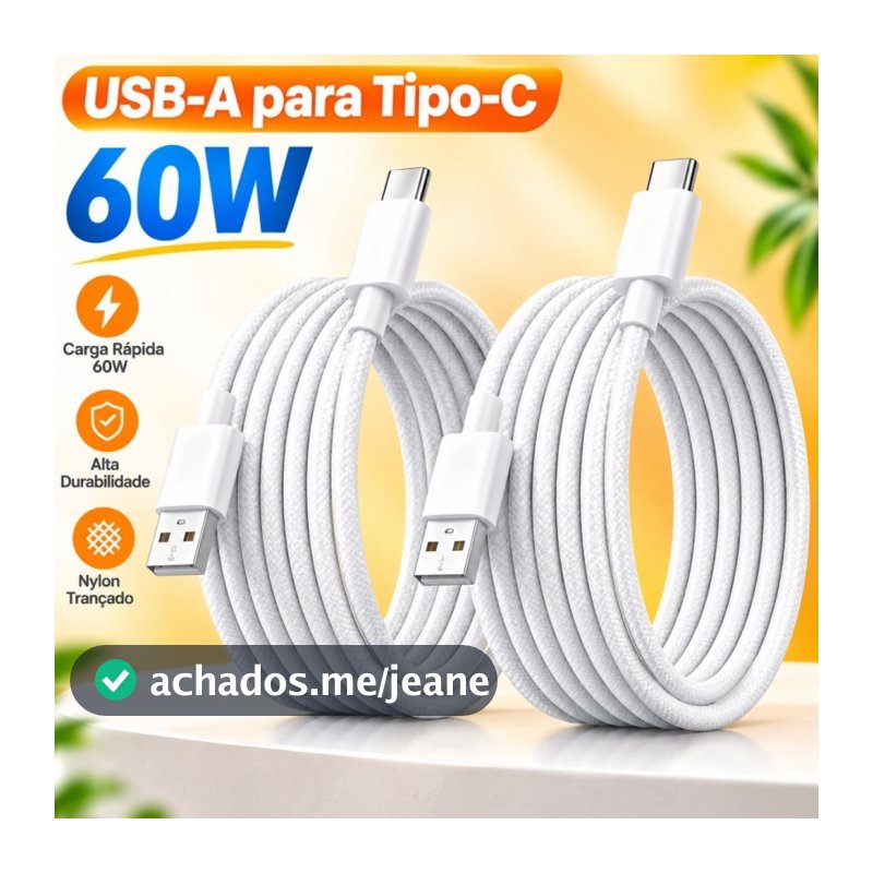 Cabo Carregador USB para Tipo-C 1 Metro Trançado Rápido, Compatível com iPhone 15 e Celulares Android --USB-A para USB-C
