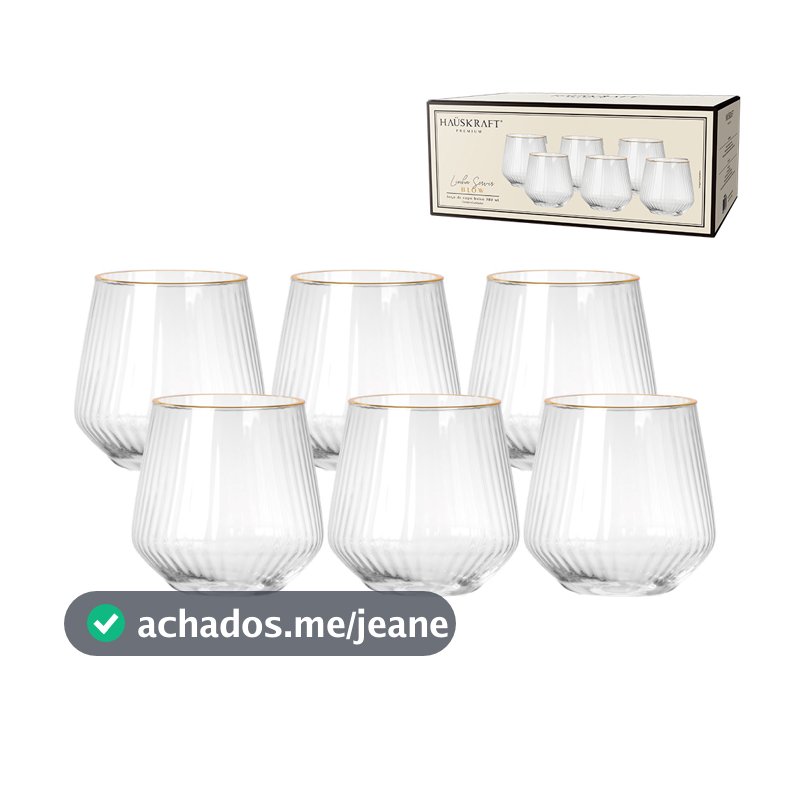 JOGO 6 COPOS BAIXO DE CRISTAL BLOW COM BORDA DOURADA 380ML HAUSKRAFT