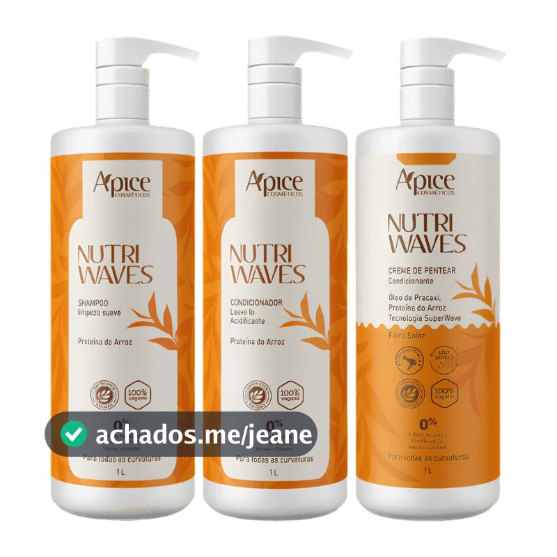 Kit Apice Nutri Waves Shampoo Condicionador E Creme De Pentear Acidificante Capilar Vegano Grande Apse 1L