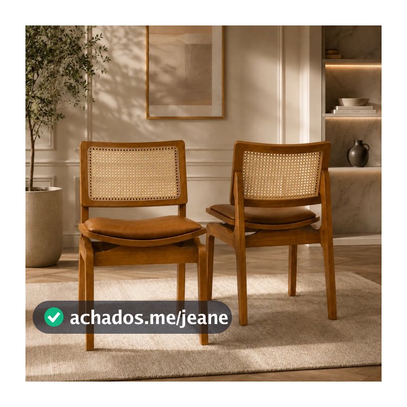 Kit c/ 2 Cadeiras Para Sala De Jantar 100% Madeira Maciça Couro Encosto Rattan