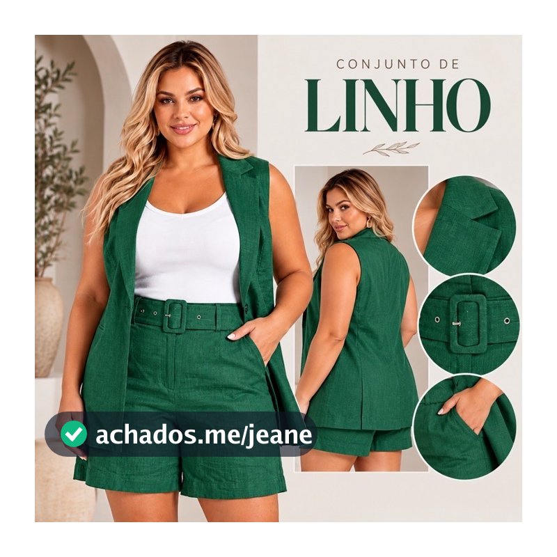 Conjunto Feminino de Linho Plus Size Colete Alongado + Shorts Cintura Alta com Cinto