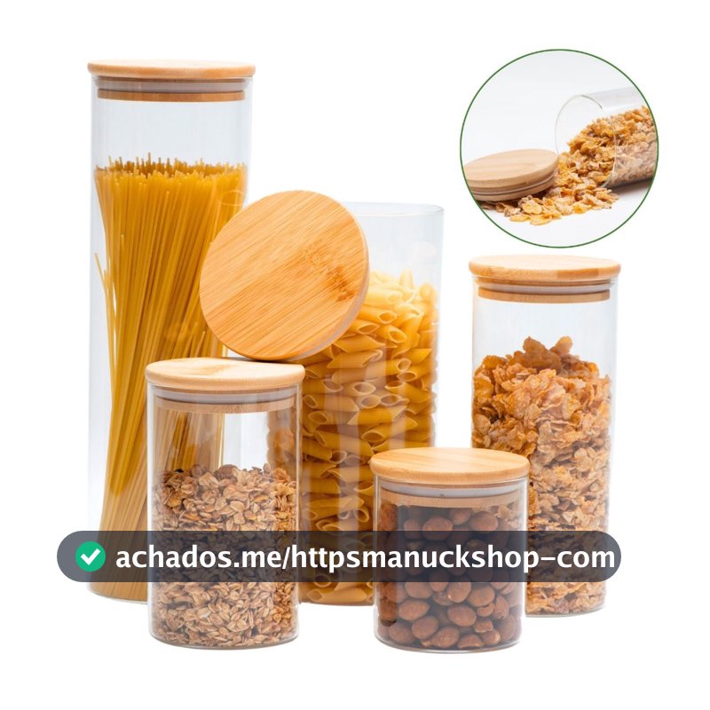 05 Potes de Vidro Hermético Transparente Tampa Bambu Porta Alimentos