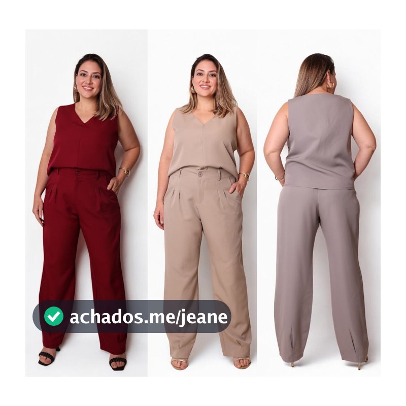 YAN FASHION Conjunto Alfaiataria Plus Size Elegante com Blusa Gola V e Calça Larga Moda Feminino