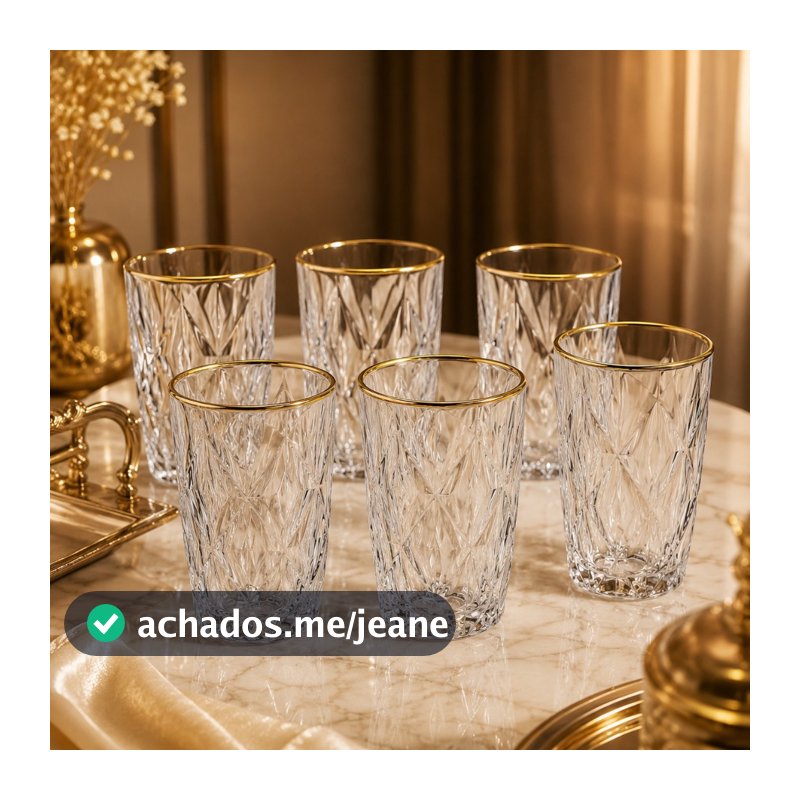 Kit 6 Copos Altos Diamond 370ml Vidro Borda Dourada Luxo