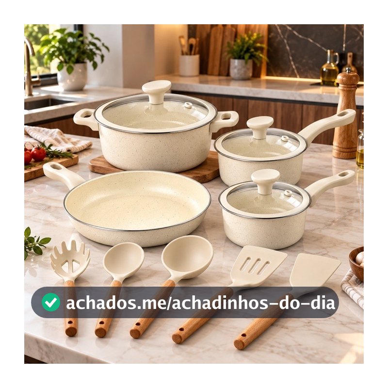 Jogo de Panelas Genebra 12 peças Kit Cerâmica antiaderente com talheres
