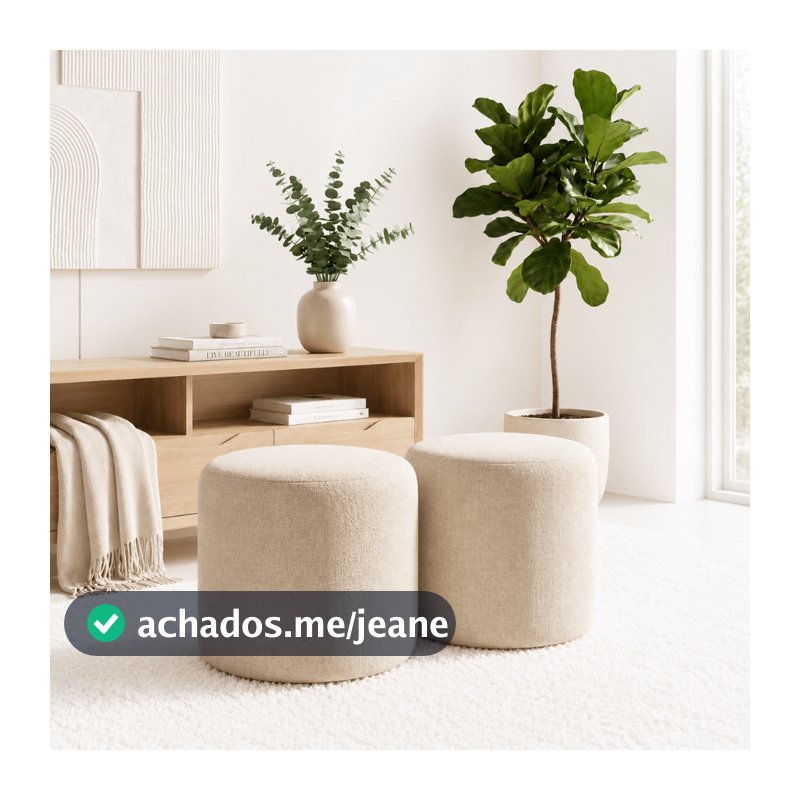 Kit Puff Redondo Com Pés Linha Premium Linho Liso Banco Sala Resistente Decoração Luxo Resistente