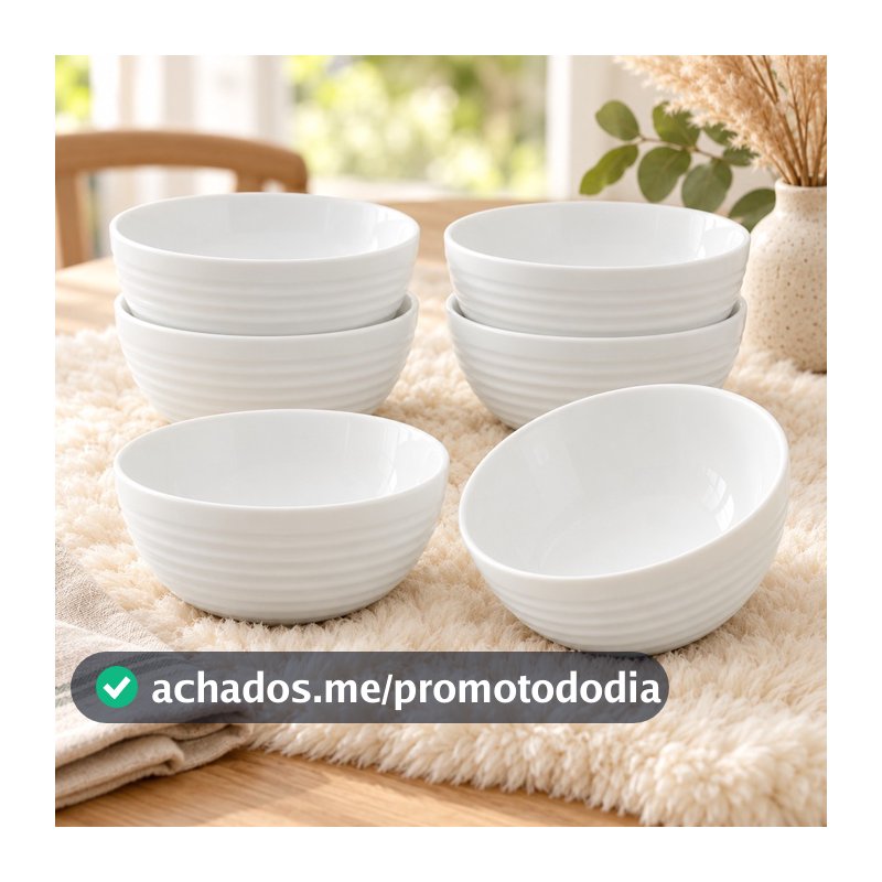 Kit 6 Bowls Vidro Opalino 540ml Branco Canelado Tigela Sobremesa Açaí Sorvete Cumbuca Salada de Frutas
