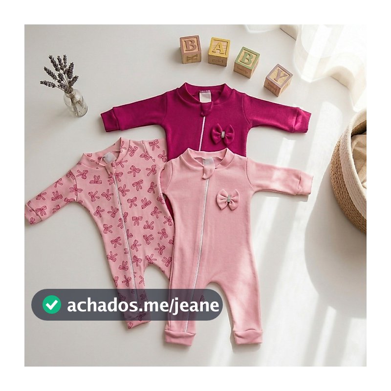 Macacão de  Zíper  Bebe Menina 03 Peças Algodão moda bebê feminina rosa pink roupas de bebê