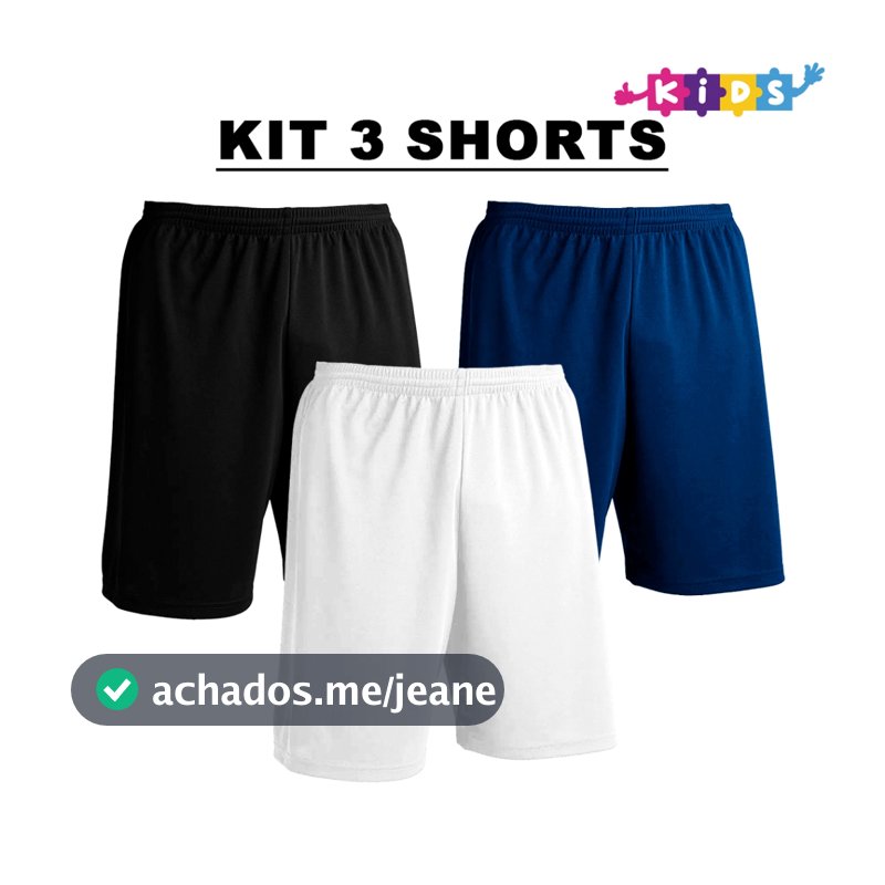 Kit com 3 Bermudas Infantil Preto + Marinho + Cores Crianças Shorts Calção Dry Poliéster Liso