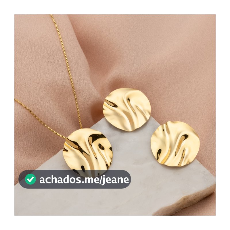 Conjunto Brinco e Colar Redondo Amassado Banhado a Ouro 18K - D France Semijóias