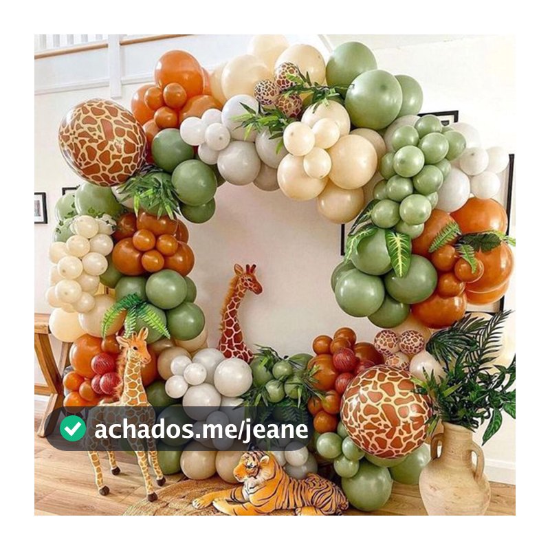 Kit Arco de Balões Desconstruído Safari Selva 181 Pçs Bexigas Verde Bege Girafa MM-QQ13 Premium