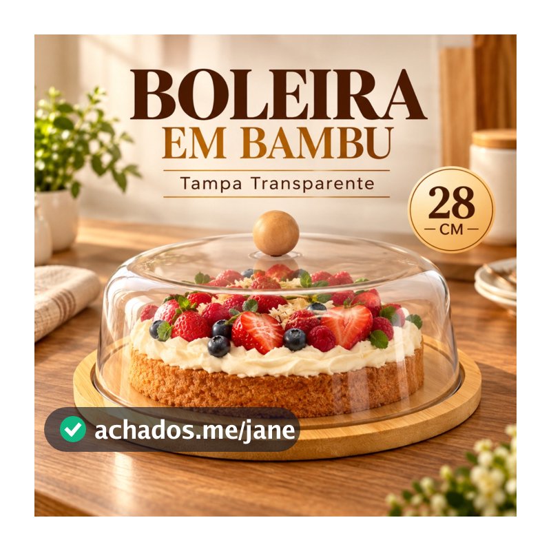 Boleira Bambu Tampa Em Acrílico Porta Bolo Torta Pudim Queijo 28cm Mesa Posta e Cozinha Servir