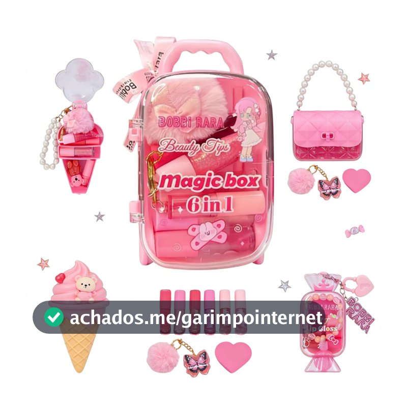 Kit Infantil 6 em 1 – Mini Lip Gloss + Chaveirinho + Maleta de Brinquedo Bobbi Rara, Presente bonitinho
