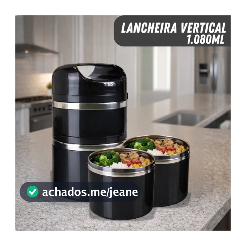 Lancheira Vertical de Inox 1080ml 3 Compartimentos Hermética Marmita Portátil Compacta