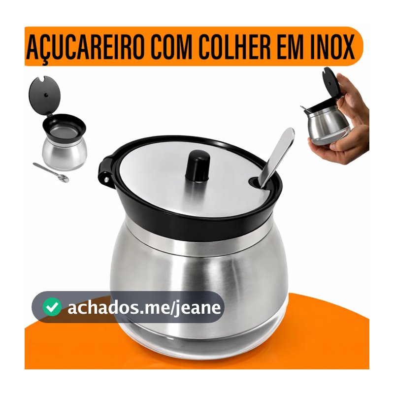 Açucareiro De Vidro Revestido Em Aço Inox Com Tampa e Colher Acabamento Cromado cozinha - Yab