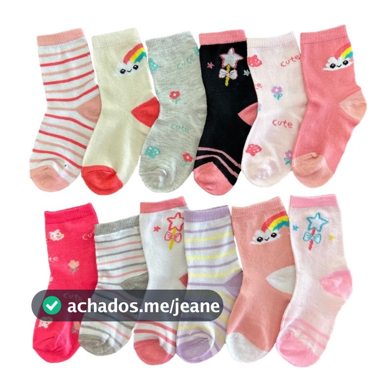 Kit 12 Pares de Meias Infantil Menina Bebê Feminina Diversas Cores e Estampas