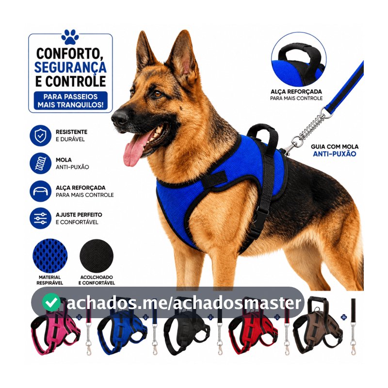Peitoral para Cachorro Grande com Guia Antipuxão Regulável | Pitbull, Rottweiler, Doberman e Raças Fortes