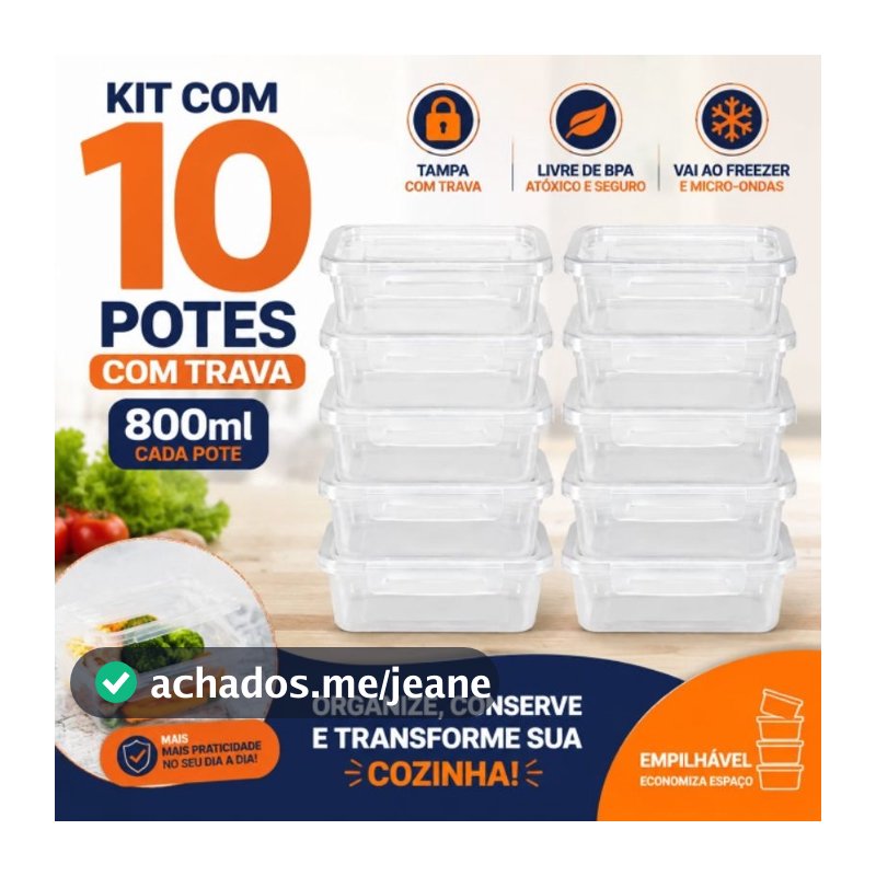 Kit 10 Potes com Trava Hermética Tampa para Mantimentos Organizador Cozinha BPA Free