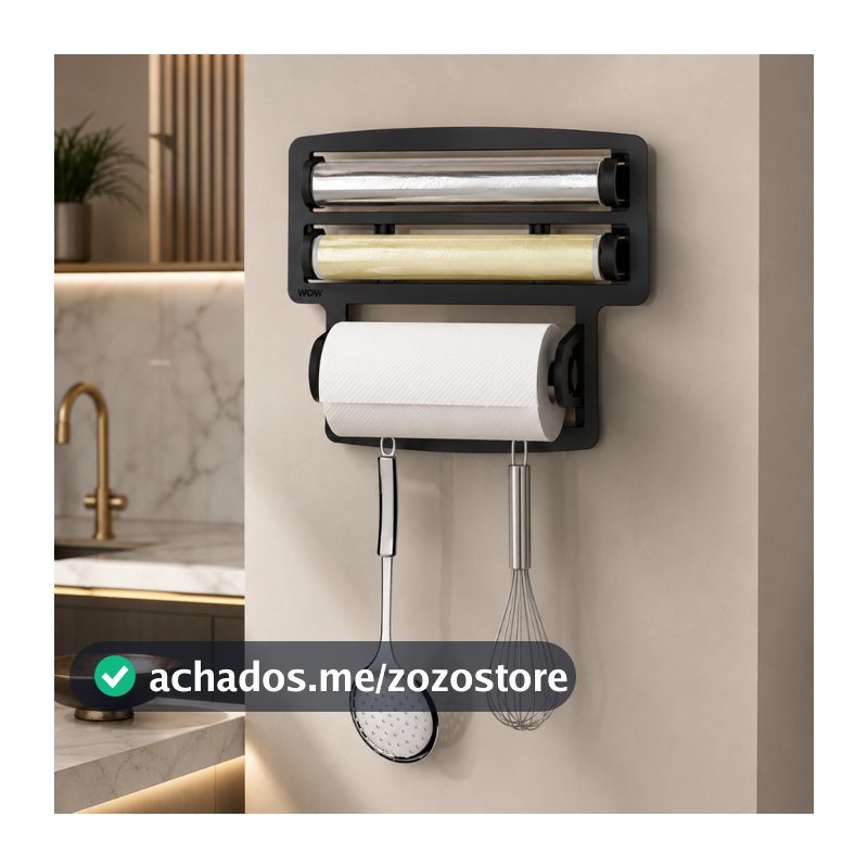 Porta Papel Toalha Triplo Suporte Preto Rolos Para Cozinha 3 em 1