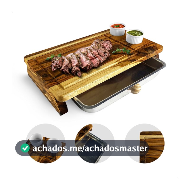 Tábua de Churrasco Inteligente para Cortar Carne com Bandeja e 2 Ramekins 39 x 23 cm