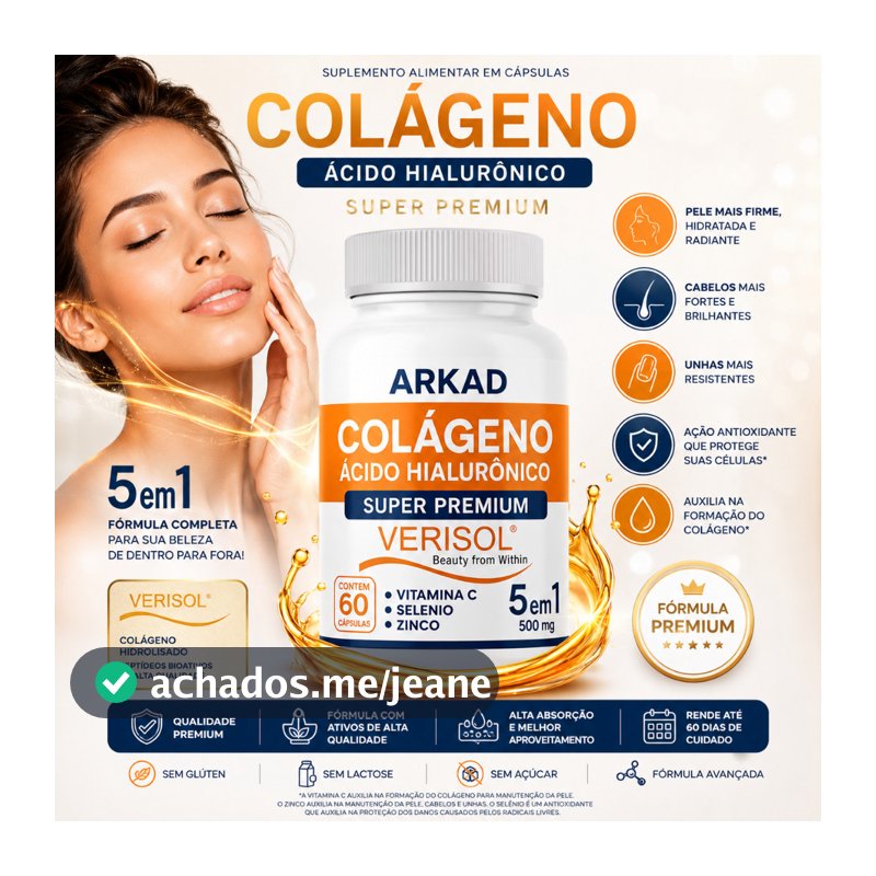 Colágeno Hidrolisado Verisol® + Ácido Hialurônico 5 em 1 | Vitamina C, Zinco e Selênio | 60 Cápsulas