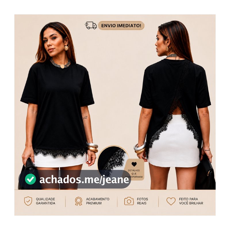 Blusa Feminina Com Renda Tecido 100% Algodão Fio Penteado 30.1 Abertura Nas Costas Camiseta T-shirt