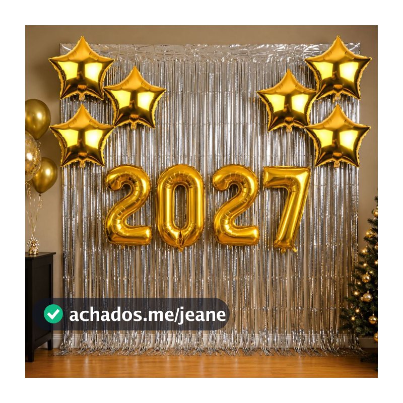 Kit 2027 Decoração Ano Novo + 2 Cortinas Metalizadas 1x2m + 6 Balões Estrela