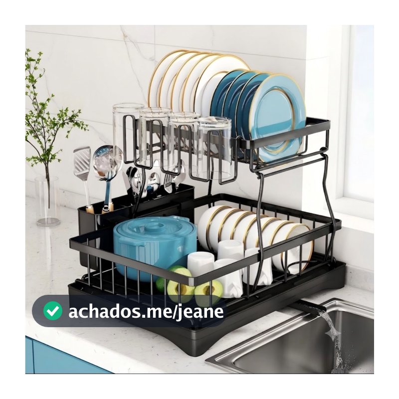 Escorredor de Louças 2 Andares com Dreno 360°, Porta Copos e Talheres, Organizador de Cozinha Preto