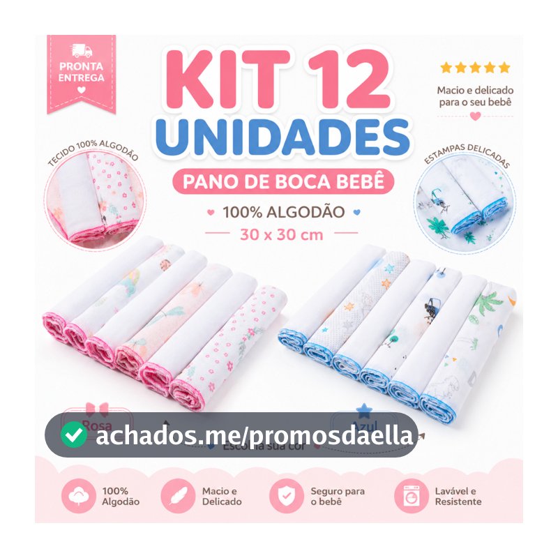 12 Unidades Pano de Boca Bebe Fralda de Boca Babete 100% Algodão 30cm x 30cm