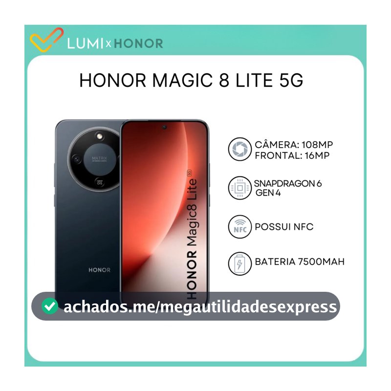 Honor Magic 8 Lite 5G, 512GB/8GB RAM, Versão Global, Processador Snapdragon Snapdragon 6 Gen 4, Bateria 7500mAH