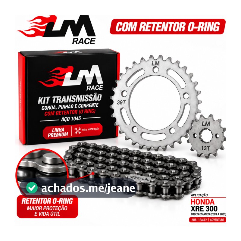 Kit Relação Transmissão Honda XRE 300 Com Retentor Kit Premium Lm Race Aço 1045 Reforçado Corrente Coroa Pinhão