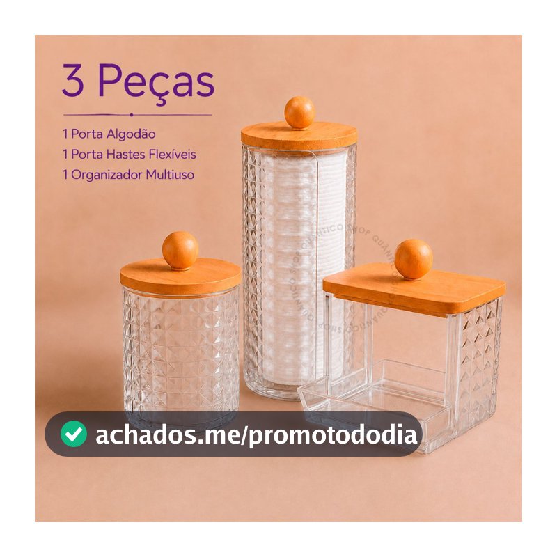 kit 3 Organizadores Tampa Bambu Porta Algodão ou Porta Cotonete Acrílico