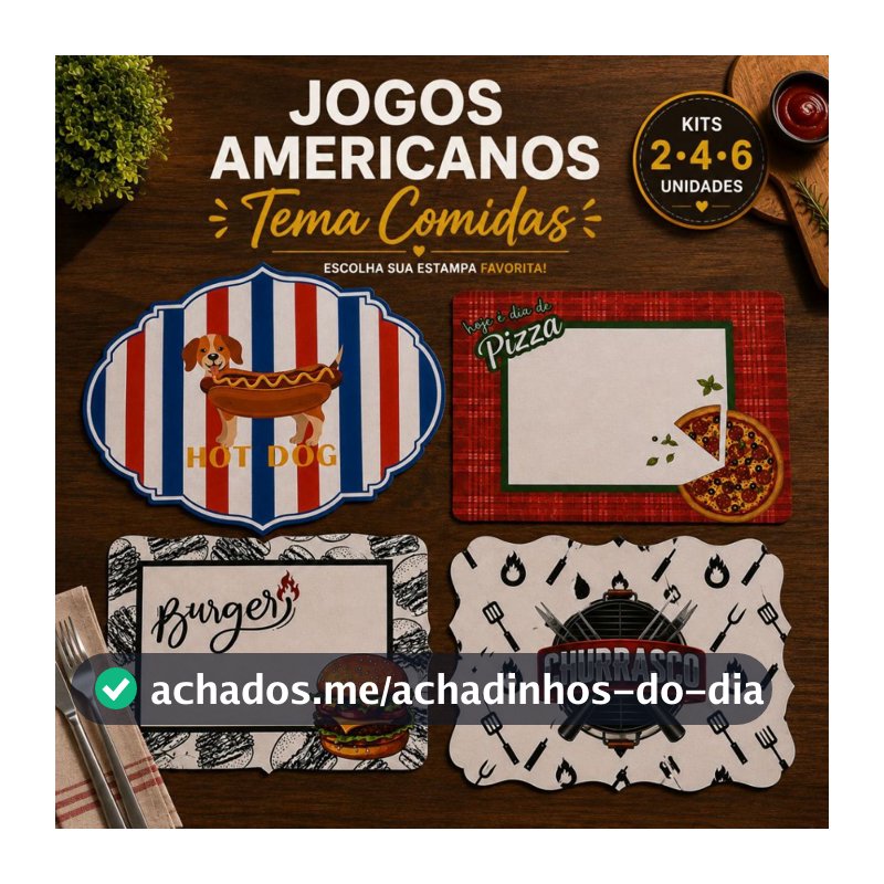 Jogo Americano Mesa Posta Gourmet Tema Comidas | Churrasco, Burger, Pizza e Hot Dog | Kit 2, 4 ou 6 Unidades Impermeável