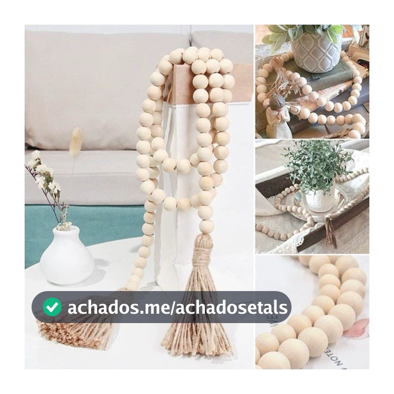 Colar De Mesa Decorativo 140cm Grande Em Contas Madeira natureza linda premium