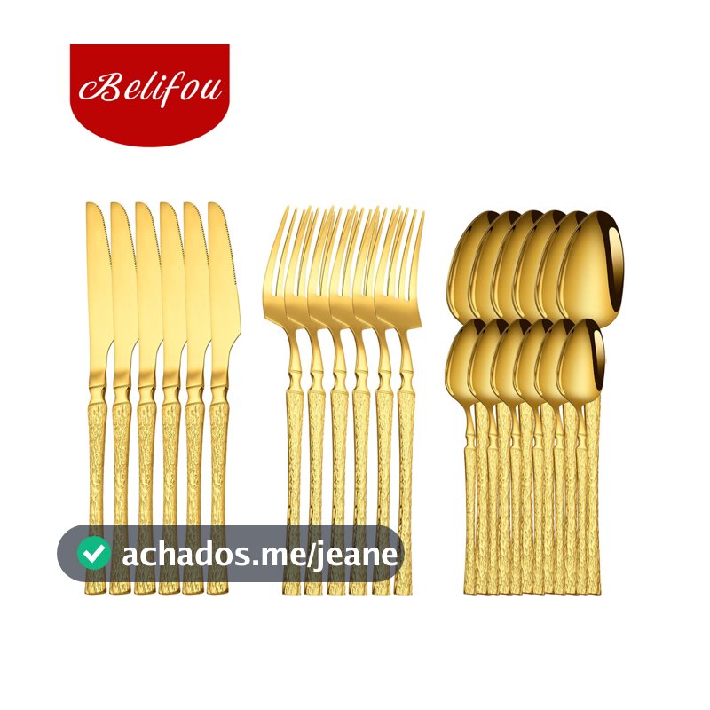 Belifou Kit 24 Jogo De Talheres Aço Inoxidável Cintura Fina Textura Dourado - Vesta