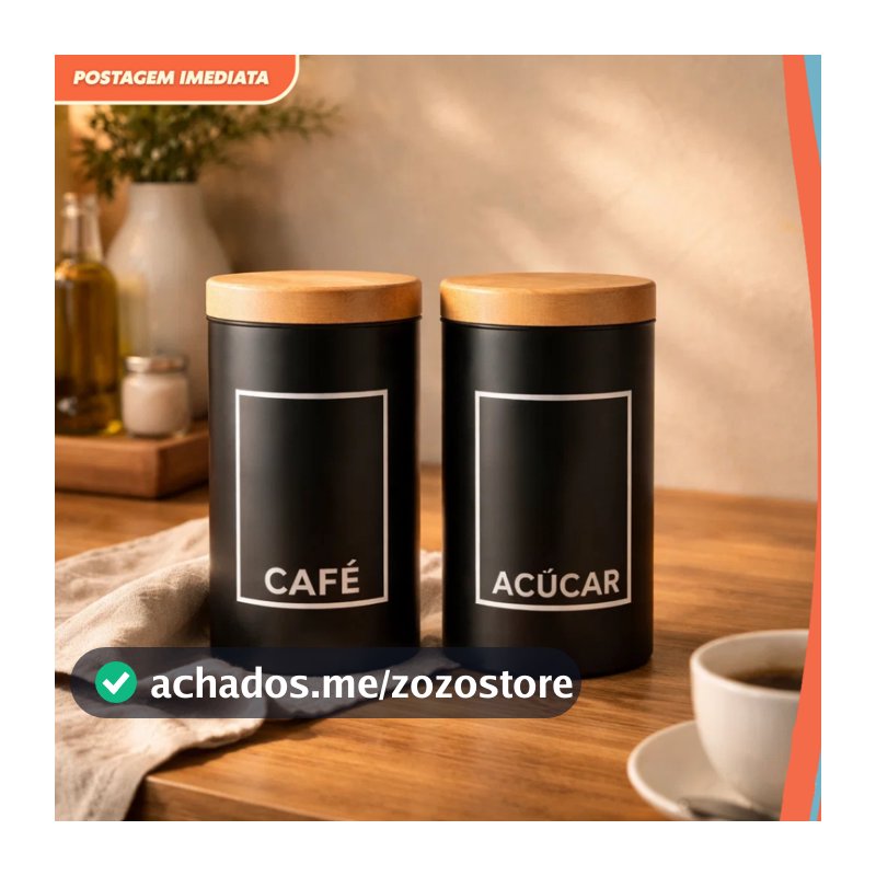 Potes Herméticos Café e Açúcar Preto com Tampa Efeito Bambu Porta Mantimentos Cozinha Premium