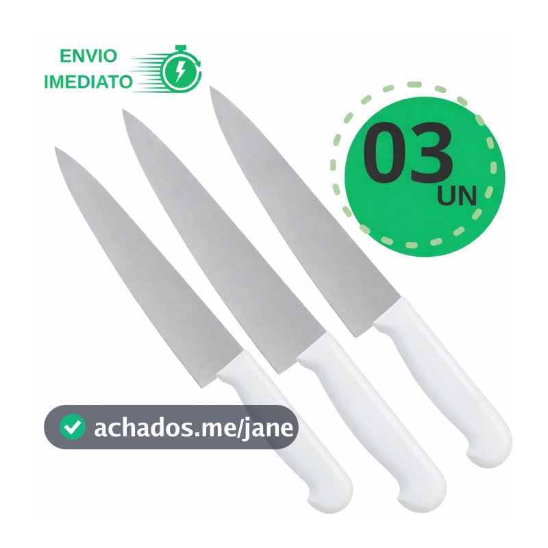 Kit 3 Faca Cozinha Inox 8" Corta de Verdade  Line Design  Corte Perfeito Já Vem Amolada