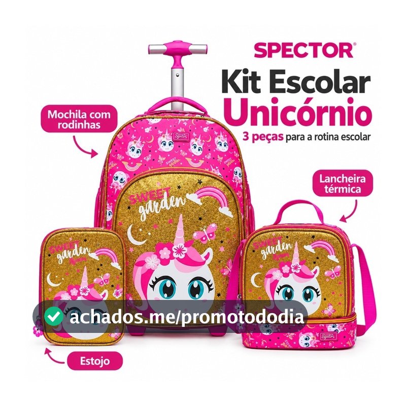 Spector Kit Completo Mochila Lancheira Estojo Rosa Escolar Unicórnio Menina Rodinhas