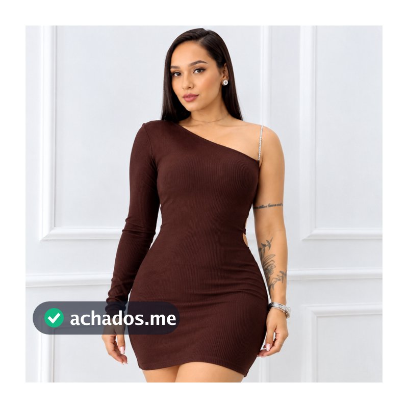 Vestido Feminino Curto Marrom Justo Tubinho Manga Longa Um Ombro Só Decote Assimétrico Costas Aberta