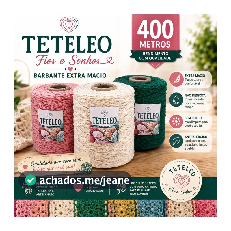 Barbante TeteLeo Nº 6  400 Metros Antialérgico Sem Poeira Fio Premium para Crochê, Tricô e Artesanato