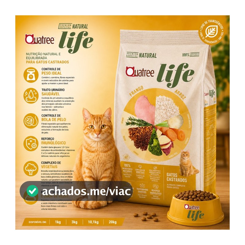 Ração Natural Gato Adulto Castrado 10.1KG Quatree Life Sabor Frango e Arroz