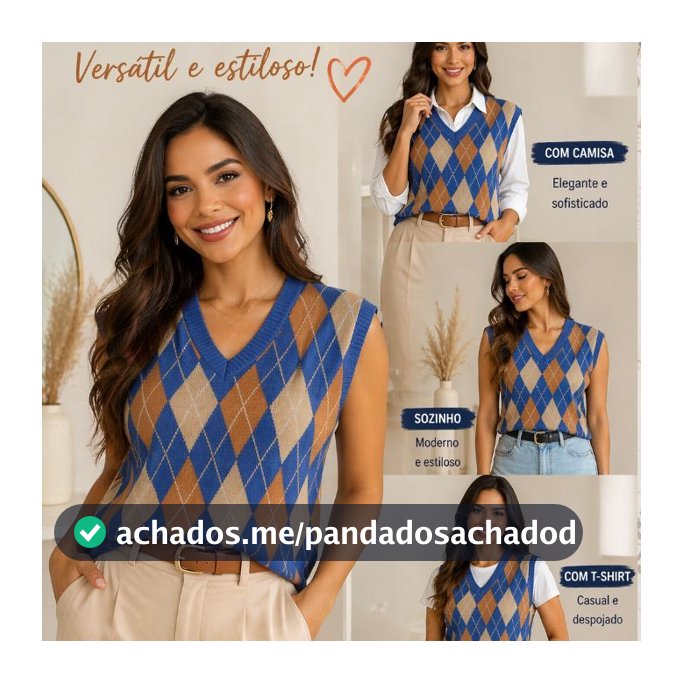 Colete Feminino Tricô Estampa Losango Argyle Vintage Decote V Look Casual Chic Sobreposição Elegante