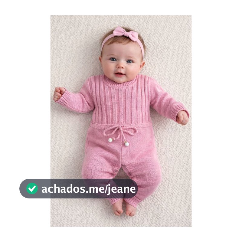 Macacão Pérola Canelado Vira Pé Jardineira Menina RN Bebê Infantil Tricô