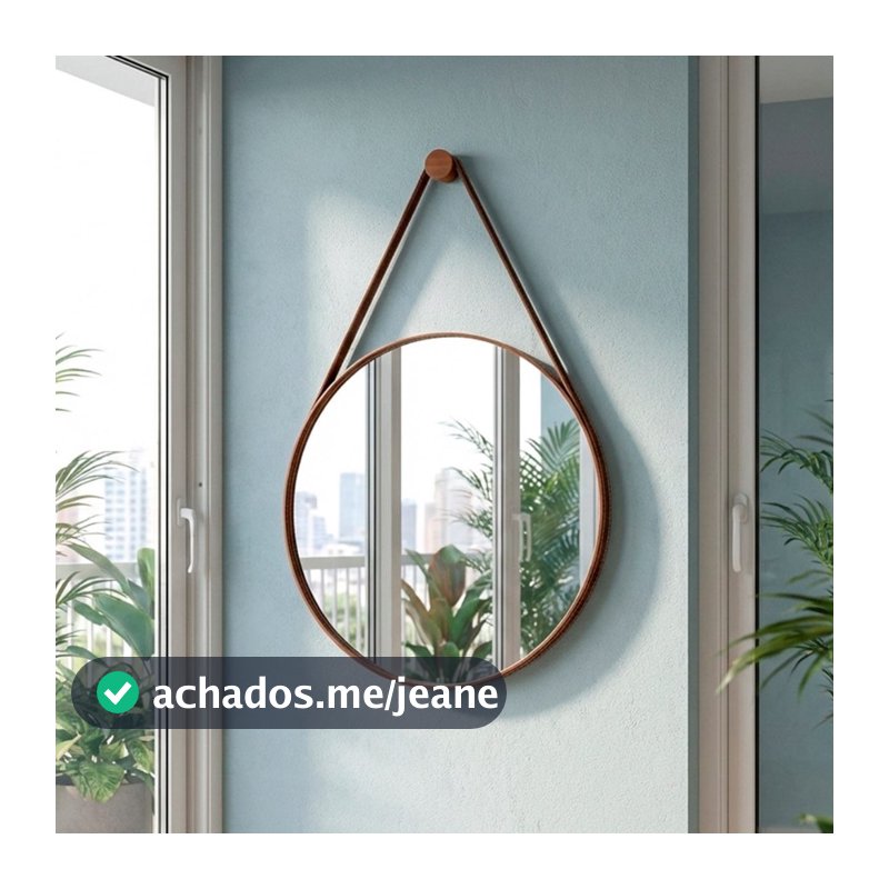 Espelho Redondo Adnet Decorativo De Parede Lavabo Banheiro c/ Alça de Couro 60cm + Pino Suporte