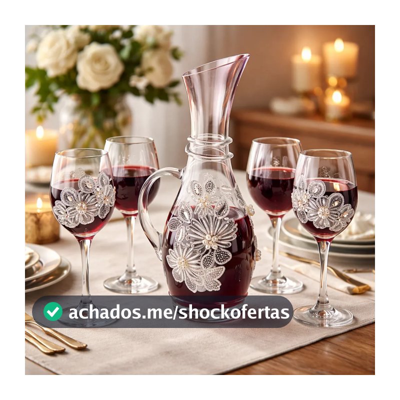 Jogo de Jarra Decanter de Vidro com 6 Taças Florais Conjunto para Suco Água Mesa Posta